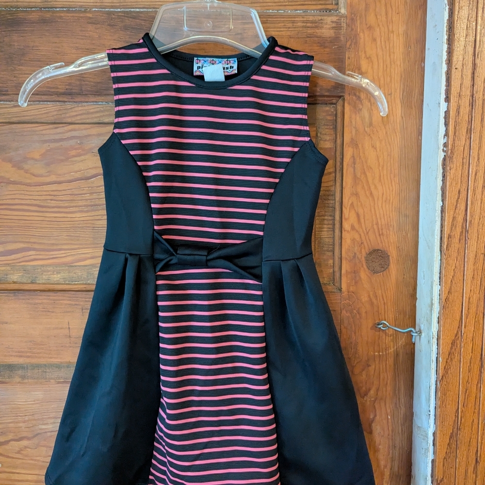 Pink Crush Girls Black Pink Striped Bow Accent Fit & Flare‎ Skater Dress Size 6